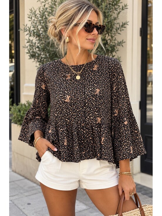 Madewell Tops - Madewell 100% Silk Fiesta Paisley Bell Sleeve Peplum Top Black Women’s Size L